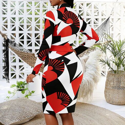 فساتين Bodycon النسائية طباعة الأزهار فستان العمل قلم رصاص طويل الأكمام طوق اليوسفي فساتين الكنيسة ميدي in Kuwait