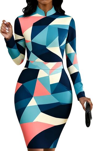 فساتين Bodycon النسائية طباعة الأزهار فستان العمل قلم رصاص طويل الأكمام طوق اليوسفي فساتين الكنيسة ميدي in Kuwait