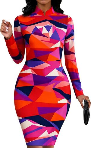فساتين Bodycon النسائية طباعة الأزهار فستان العمل قلم رصاص طويل الأكمام طوق اليوسفي فساتين الكنيسة ميدي in Kuwait