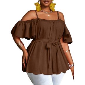 SOLY HUX Women's Plus Size Cold Shoulder Blouse Belted Peplum Top Short Sleeve Ruffle Shirts in Saudi Arabia