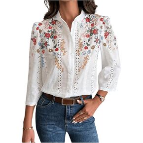 SHENHE Women's Floral Print Eyelet Shirts 3/4 Sleeve Button Down Dressy Blouse Tops in Saudi Arabia