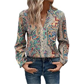 WDIRARA Women's Paisley Print Blouse Notch V Neck Long Sleeve Shirts Boho Tops in Saudi Arabia