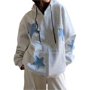 MakeMeChic Women's Star Print Hoodies Drawstring Long Sleeve Zip Up Fall Y2K Sweatshirt in Saudi Arabia