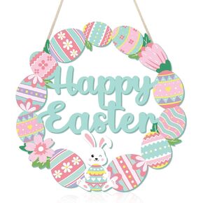 COCHIE Happy Easter Decorations Sign, Bunny Eggs Wood Wreath for Front Door Porch Window Wall Hanging Decor, Pink Green Spring Decoration for the Home (Bunny Egg) in Saudi Arabia