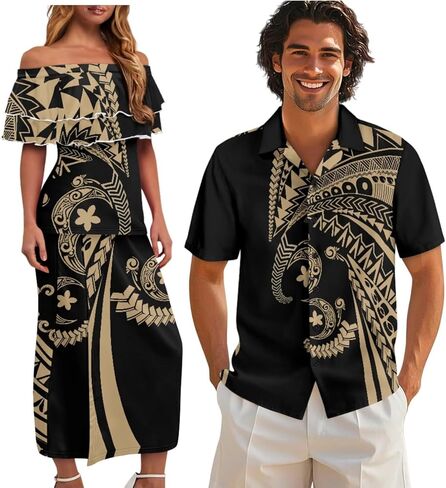 QUJUFOZY Polynesian Couples Outfits Matching Sets Women Off The Shoulder Polynesian Dress and Mens Button Down Shirt in Saudi Arabia