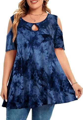 MONNURO Plus Size Cold Shoulder Tops For Women Sexy Ruffle Short Sleeve Tunic in Saudi Arabia