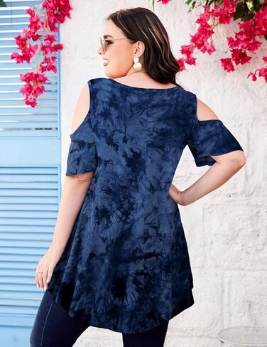 MONNURO Plus Size Cold Shoulder Tops For Women Sexy Ruffle Short Sleeve Tunic in Saudi Arabia