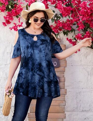 MONNURO Plus Size Cold Shoulder Tops For Women Sexy Ruffle Short Sleeve Tunic in Saudi Arabia