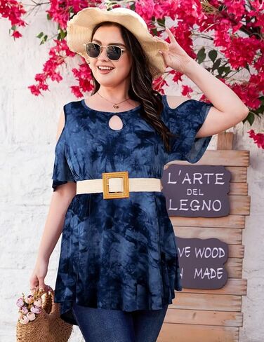 MONNURO Plus Size Cold Shoulder Tops For Women Sexy Ruffle Short Sleeve Tunic in Saudi Arabia