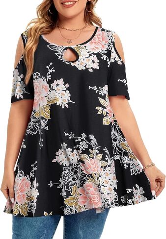 MONNURO Plus Size Cold Shoulder Tops For Women Sexy Ruffle Short Sleeve Tunic in Saudi Arabia
