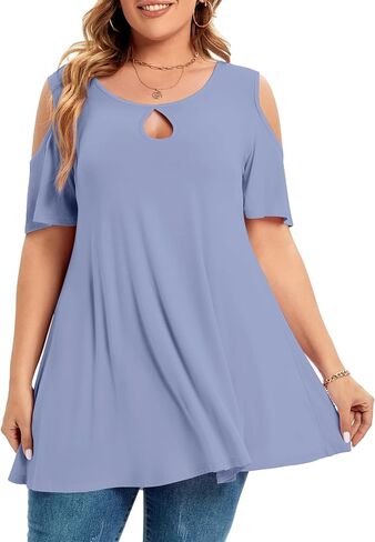 MONNURO Plus Size Cold Shoulder Tops For Women Sexy Ruffle Short Sleeve Tunic in Saudi Arabia
