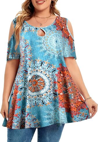 MONNURO Plus Size Cold Shoulder Tops For Women Sexy Ruffle Short Sleeve Tunic in Saudi Arabia