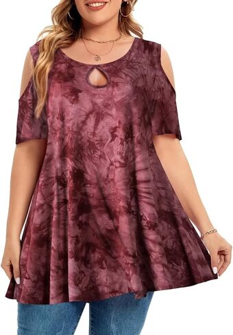 MONNURO Plus Size Cold Shoulder Tops For Women Sexy Ruffle Short Sleeve Tunic in Saudi Arabia
