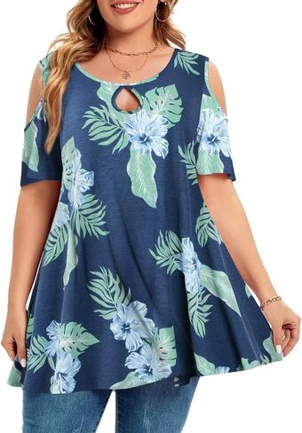 MONNURO Plus Size Cold Shoulder Tops For Women Sexy Ruffle Short Sleeve Tunic in Saudi Arabia