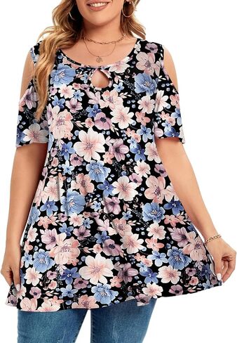 MONNURO Plus Size Cold Shoulder Tops For Women Sexy Ruffle Short Sleeve Tunic in Saudi Arabia