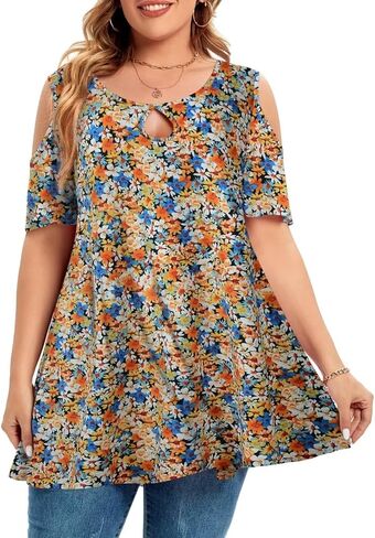 MONNURO Plus Size Cold Shoulder Tops For Women Sexy Ruffle Short Sleeve Tunic in Saudi Arabia