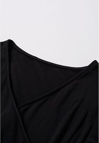 CHICWISH Women Casual Cross Wrap Ruched V Neck Long Sleeves Tops Slim Fitted T Shirt Basic Solid Tunic Black Tops in Saudi Arabia