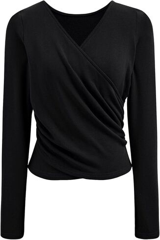 CHICWISH Women Casual Cross Wrap Ruched V Neck Long Sleeves Tops Slim Fitted T Shirt Basic Solid Tunic Black Tops in Saudi Arabia