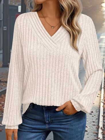 Womens Long Sleeve Shirts 2025 Fall Fashion V Neck Blouse Dressy Casual Tunic Sweaters Loose Fit Winter Tops in Saudi Arabia
