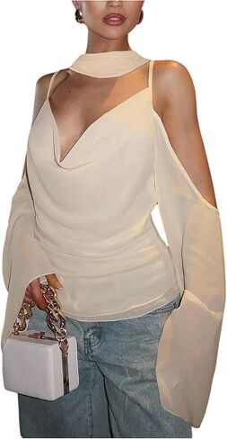 Floerns Women's Elegant Cowl Neck Blouse Top Cold Shoulder Long Sleeve Shirts with Scarf in Saudi Arabia