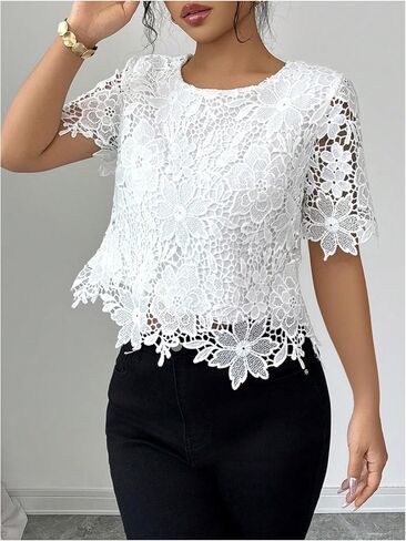 MakeMeChic Women's Fall Floral Lace Blouse Elegant Short Sleeve Crew Neck Crop Tops in Saudi Arabia