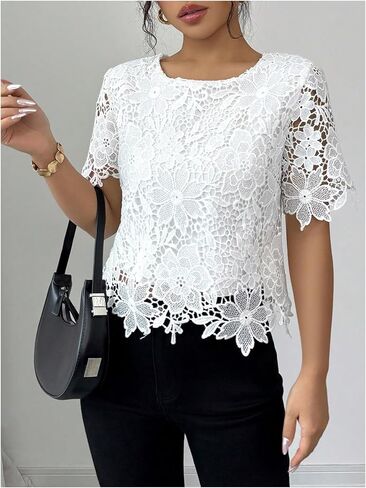MakeMeChic Women's Fall Floral Lace Blouse Elegant Short Sleeve Crew Neck Crop Tops in Saudi Arabia