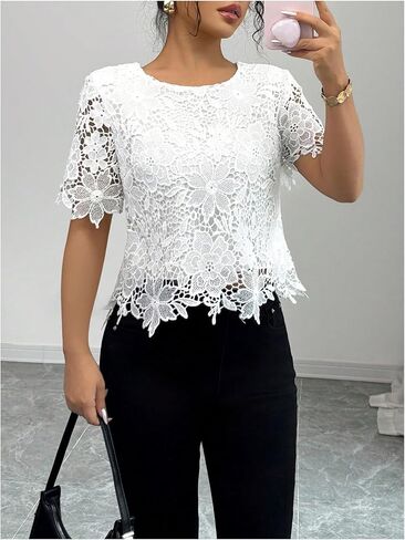 MakeMeChic Women's Fall Floral Lace Blouse Elegant Short Sleeve Crew Neck Crop Tops in Saudi Arabia