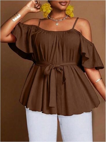 SOLY HUX Women's Plus Size Cold Shoulder Blouse Belted Peplum Top Short Sleeve Ruffle Shirts in Saudi Arabia