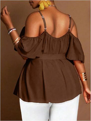 SOLY HUX Women's Plus Size Cold Shoulder Blouse Belted Peplum Top Short Sleeve Ruffle Shirts in Saudi Arabia
