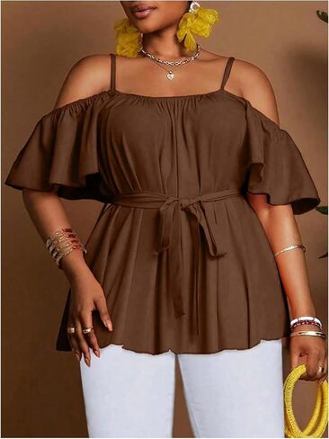 SOLY HUX Women's Plus Size Cold Shoulder Blouse Belted Peplum Top Short Sleeve Ruffle Shirts in Saudi Arabia
