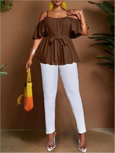 SOLY HUX Women's Plus Size Cold Shoulder Blouse Belted Peplum Top Short Sleeve Ruffle Shirts in Saudi Arabia