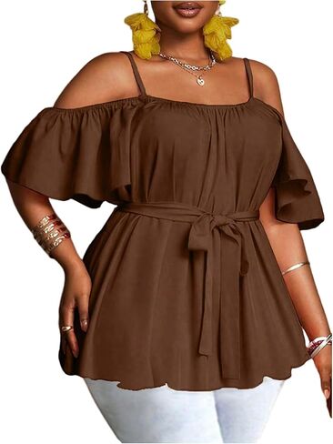 SOLY HUX Women's Plus Size Cold Shoulder Blouse Belted Peplum Top Short Sleeve Ruffle Shirts in Saudi Arabia