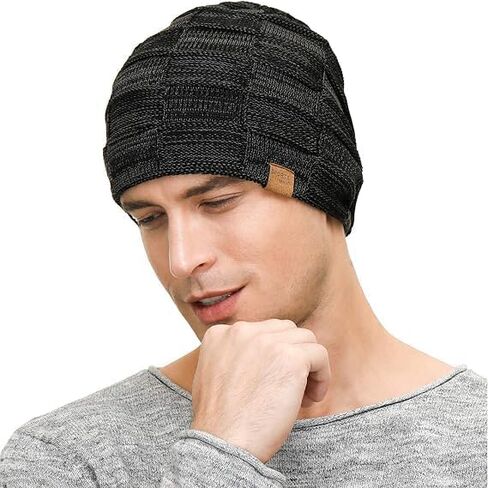 Slouchy Beanie for Men Winter Hats for Guys Cool Beanies Mens Lined Knit Warm Thick Skully Stocking Binie Hat Black in Saudi Arabia