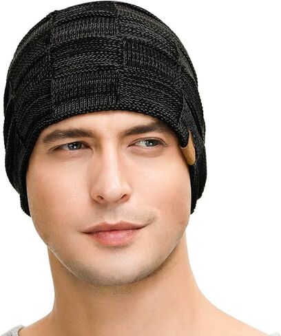Slouchy Beanie for Men Winter Hats for Guys Cool Beanies Mens Lined Knit Warm Thick Skully Stocking Binie Hat Black in Saudi Arabia