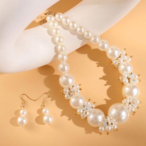 Pearl Necklace and Earring Set Pearl Wedding Jewelry Set for Women Chunky Pearls Choker Necklaces Stud Earrings Bride Bridesmaid Wedding Jewelry Gifts in Saudi Arabia