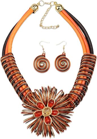 Florate Ethnic Crystal Rhinestone Pendant Necklace Earrings Set Women Handmade Tribal Collar Choker Chunky Metal Bib Rope Chain African Statement Jewelry Set in Saudi Arabia