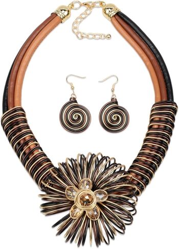 Florate Ethnic Crystal Rhinestone Pendant Necklace Earrings Set Women Handmade Tribal Collar Choker Chunky Metal Bib Rope Chain African Statement Jewelry Set in Saudi Arabia
