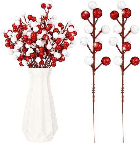 Thiccywoov 24 Pcs Christmas Glitter Berries Stems, 8.8" H Artificial Christmas Picks for Christmas Tree Ornaments, Holiday Wreath DIY Crafts, Xmas and Home Decor(Red, White) in Saudi Arabia