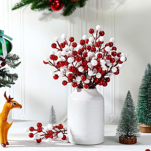 Thiccywoov 24 Pcs Christmas Glitter Berries Stems, 8.8" H Artificial Christmas Picks for Christmas Tree Ornaments, Holiday Wreath DIY Crafts, Xmas and Home Decor(Red, White) in Saudi Arabia