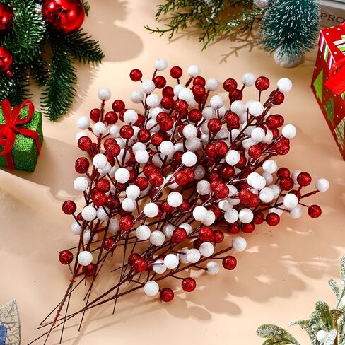 Thiccywoov 24 Pcs Christmas Glitter Berries Stems, 8.8" H Artificial Christmas Picks for Christmas Tree Ornaments, Holiday Wreath DIY Crafts, Xmas and Home Decor(Red, White) in Saudi Arabia