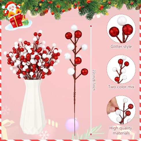 Thiccywoov 24 Pcs Christmas Glitter Berries Stems, 8.8" H Artificial Christmas Picks for Christmas Tree Ornaments, Holiday Wreath DIY Crafts, Xmas and Home Decor(Red, White) in Saudi Arabia