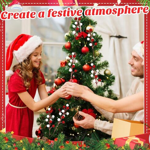 Thiccywoov 24 Pcs Christmas Glitter Berries Stems, 8.8" H Artificial Christmas Picks for Christmas Tree Ornaments, Holiday Wreath DIY Crafts, Xmas and Home Decor(Red, White) in Saudi Arabia