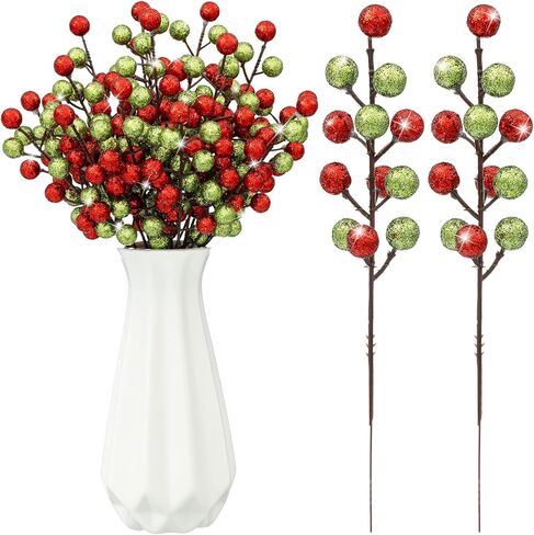 Thiccywoov 24 Pcs Christmas Glitter Berries Stems, 8.8" H Artificial Christmas Picks for Christmas Tree Ornaments, Holiday Wreath DIY Crafts, Xmas and Home Decor(Red, White) in Saudi Arabia