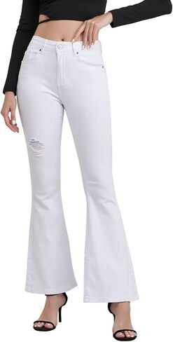 ZMTUO Women's High Waisted Flared Jeans Distressed Black & White Stretch Denim Pants for Casual Wear in Saudi Arabia