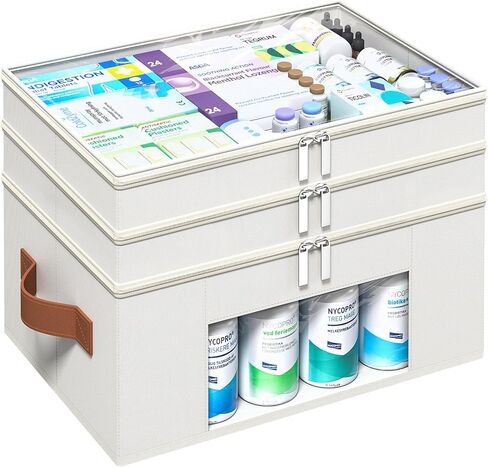 ISusaid 3-Tier Medicine Organizer for Cabinet, Foldable Medicine Storage Box with Clear Cover and Leather Handle, Empty First Aid Kit for Home and Travel in Saudi Arabia