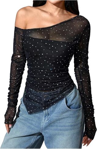 MakeMeChic Women's Sequin Sheer Top One Shoulder Ruched Long Sleeve Tee Shirt in Saudi Arabia