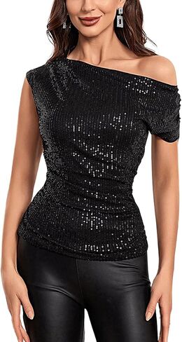 Milumia Women's Sparkly Sequin Off The Shoulder Top Ruched Short Sleeve Fitted Party Club Tee Tops in Saudi Arabia