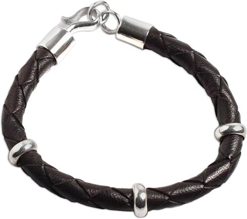 NOVICA Artisan سوار جلدي مضفر للرجال مصنوع يدويًا من الفضة الإسترلينية بيرو [8.75 بوصة طول × 0.3 بوصة عرض] "أسود غامق" in Saudi Arabia