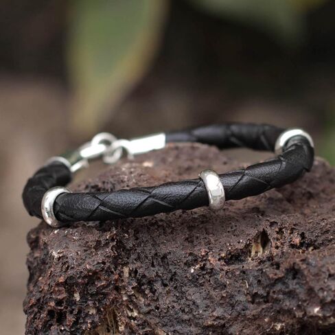NOVICA Artisan سوار جلدي مضفر للرجال مصنوع يدويًا من الفضة الإسترلينية بيرو [8.75 بوصة طول × 0.3 بوصة عرض] "أسود غامق" in Saudi Arabia
