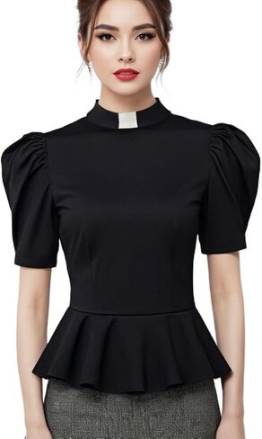 Womens Church Clergy Shirt Tab Collar Box Pleated Gigot Sleeves Ruffle Blouse Top in Saudi Arabia